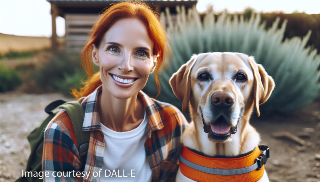 DALL-E rendering of a portrait of Prof. Krystle L. Reagan, UC Davis and her yellow Laborador Retriever.