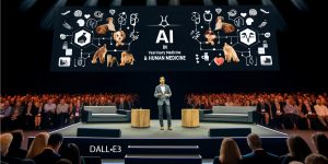 DALL·E rendering of Dr. Daniel Kraft onstage talking about veterinary artificial intelligence at the 2024 ACVIM Forum